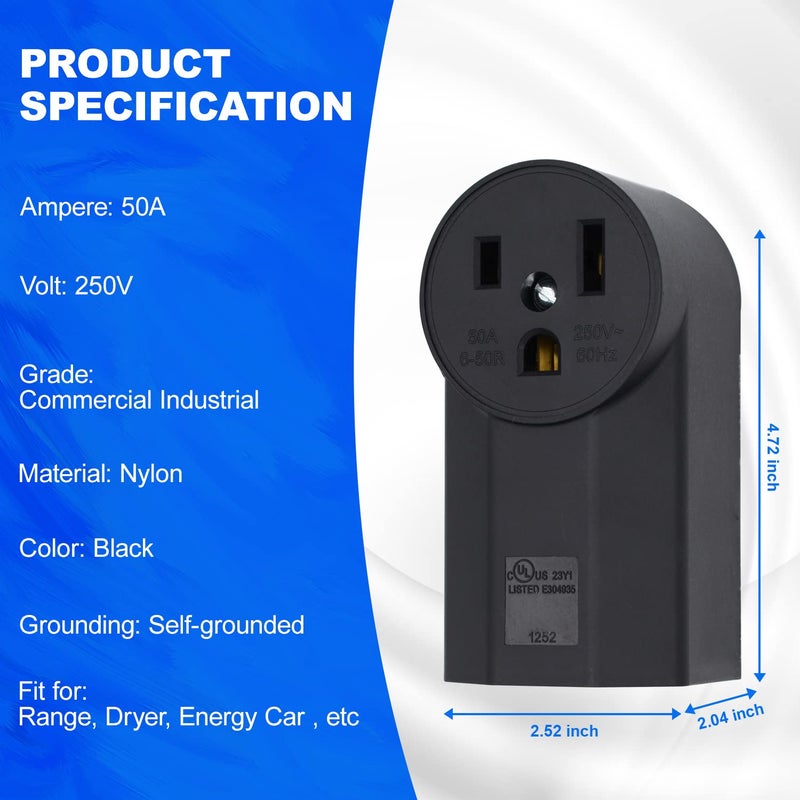 micmi NEMA 6-50R Receptacle 2-Pole 3-Wire Surface Mount Power Receptacle 250V 50A UL Listed, Black 2 Pack (NEMA 6-50R) - Image 4